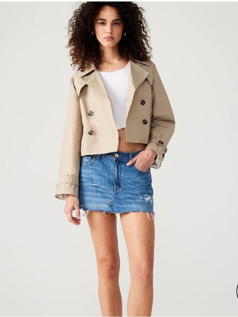 Steve Madden SIRUS Cropped Trench Coat, Khaki, Size Small - Picture 10 of 11